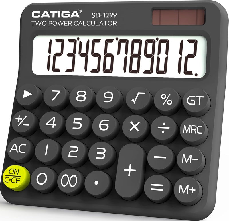 CATIGA Mechanical Switch Calculator with Solar and Battery Dual Power, 12-Digit Large LCD Display, Aesthetic and Cute Desktop Calculator with Big Button, for Home, School and Office Use, SD-1299 - Image 1